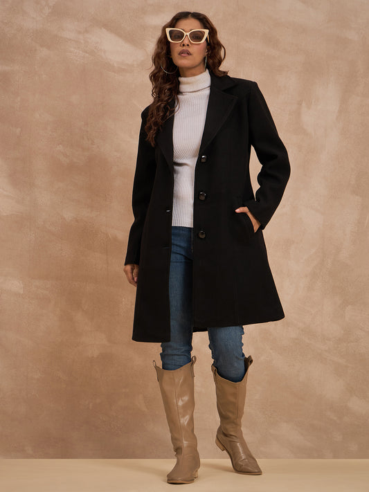 Clapton Women’S Wool Blend Long Winter Coat Black – Classic Button Closure & Lapel Collar
