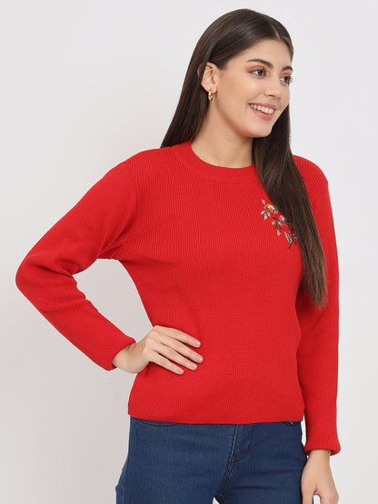 Wool Blend Round Neck Red Top With Embroidery
