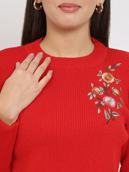 Wool Blend Round Neck Red Top With Embroidery