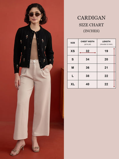 CLAPTON Women's BLACK Floral Embroidered Cable Knit Cardigan