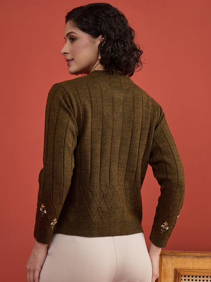CLAPTON Women's Mehndi Floral Embroidered Cable Knit Cardigan