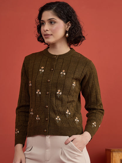 CLAPTON Women's Mehndi Floral Embroidered Cable Knit Cardigan