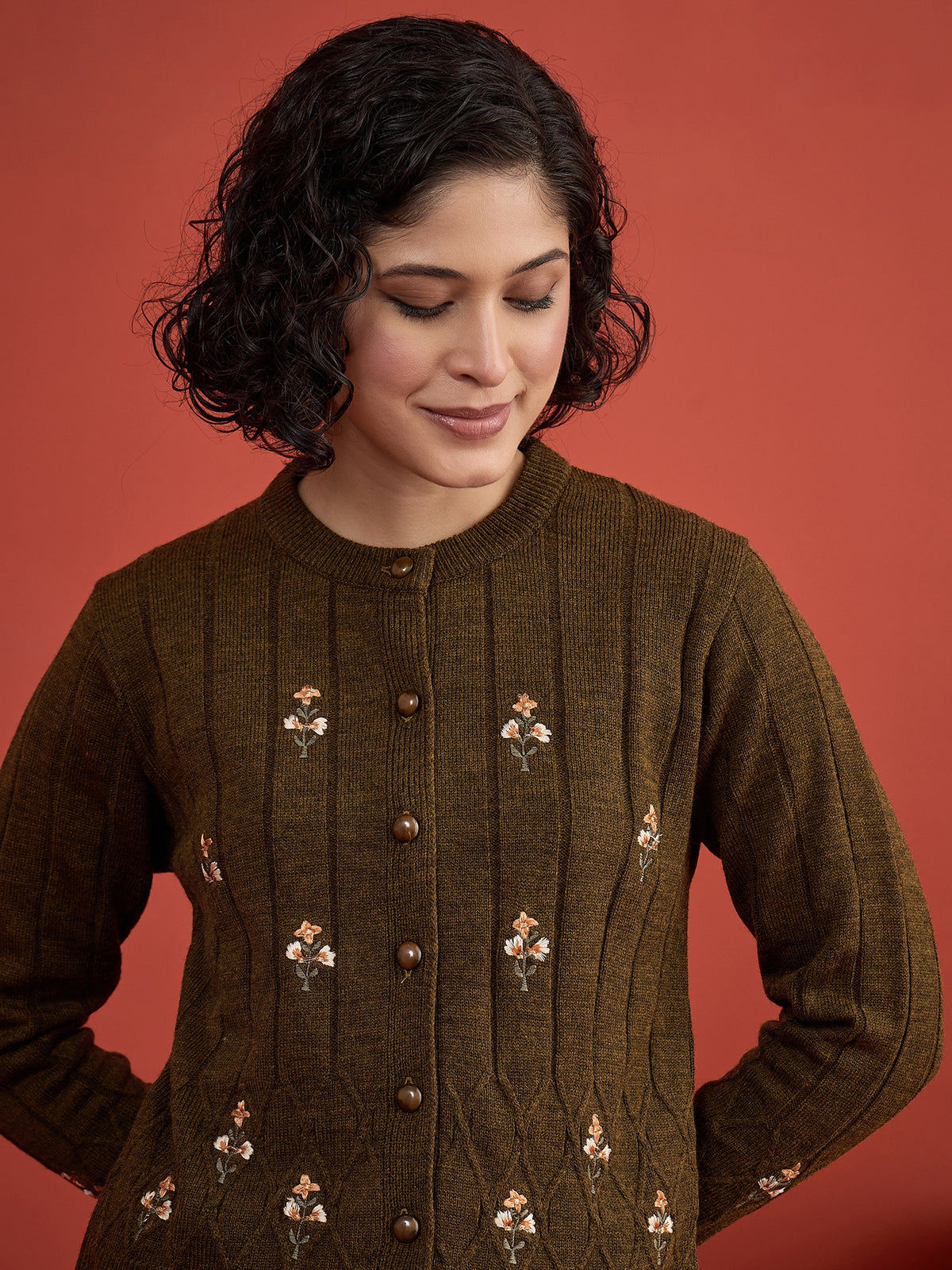 CLAPTON Women's Mehndi Floral Embroidered Cable Knit Cardigan