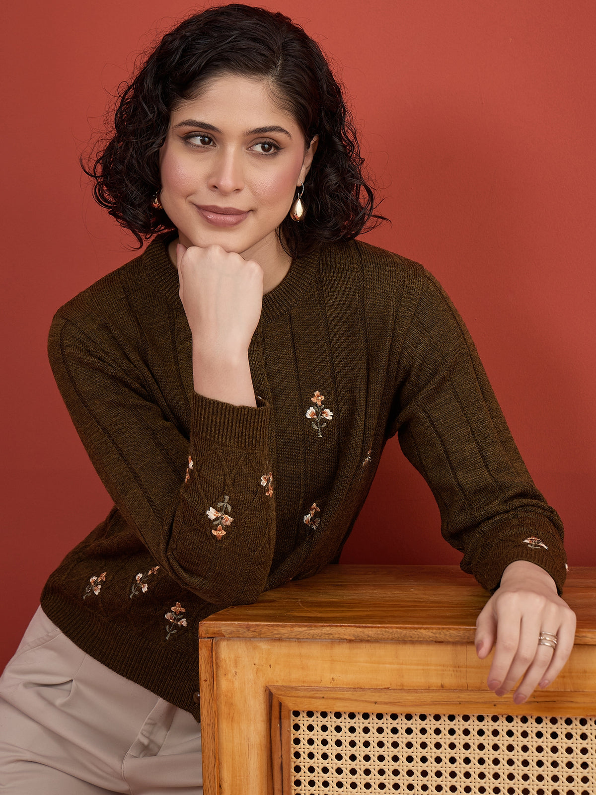 CLAPTON Women's Mehndi Floral Embroidered Cable Knit Cardigan
