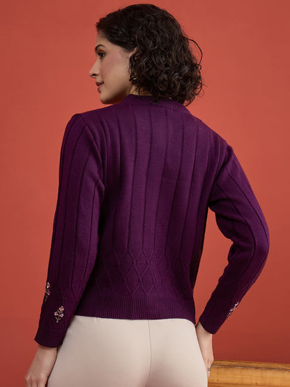 CLAPTON Women's Purple Floral Embroidered Cable Knit Cardigan