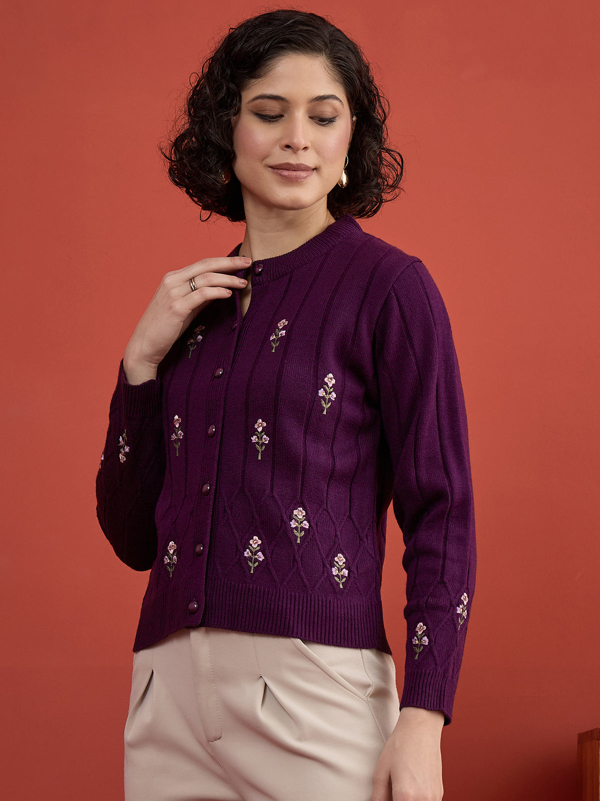 CLAPTON Women's Purple Floral Embroidered Cable Knit Cardigan