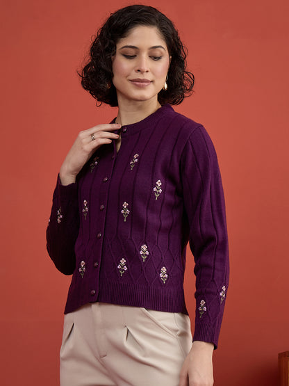 CLAPTON Women's Purple Floral Embroidered Cable Knit Cardigan