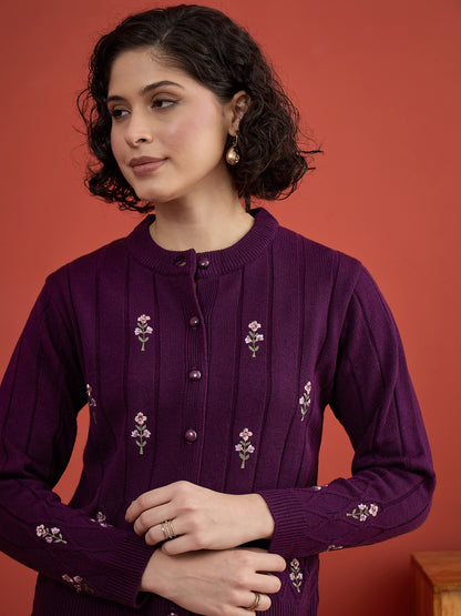 CLAPTON Women's Purple Floral Embroidered Cable Knit Cardigan