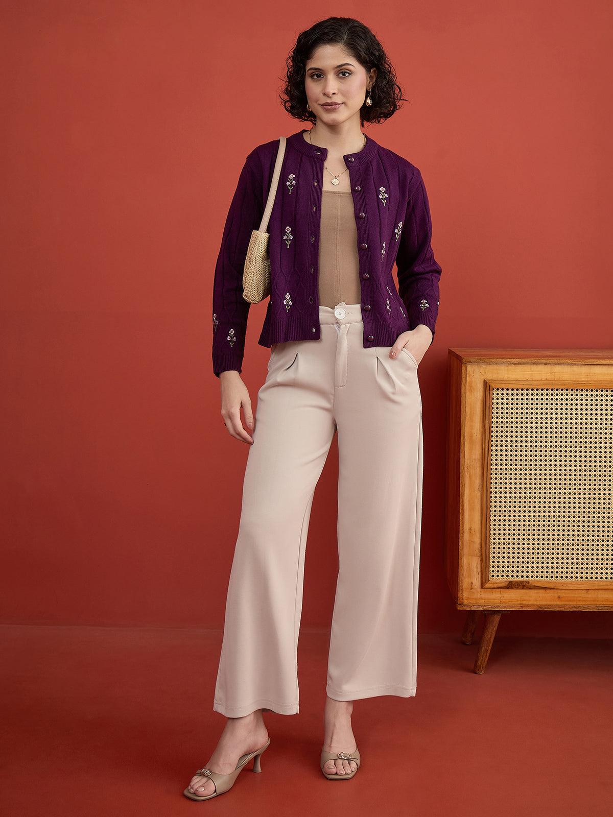 CLAPTON Women's Purple Floral Embroidered Cable Knit Cardigan