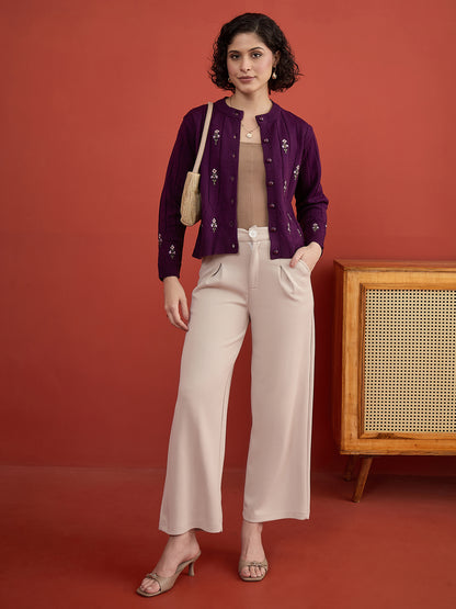CLAPTON Women's Purple Floral Embroidered Cable Knit Cardigan