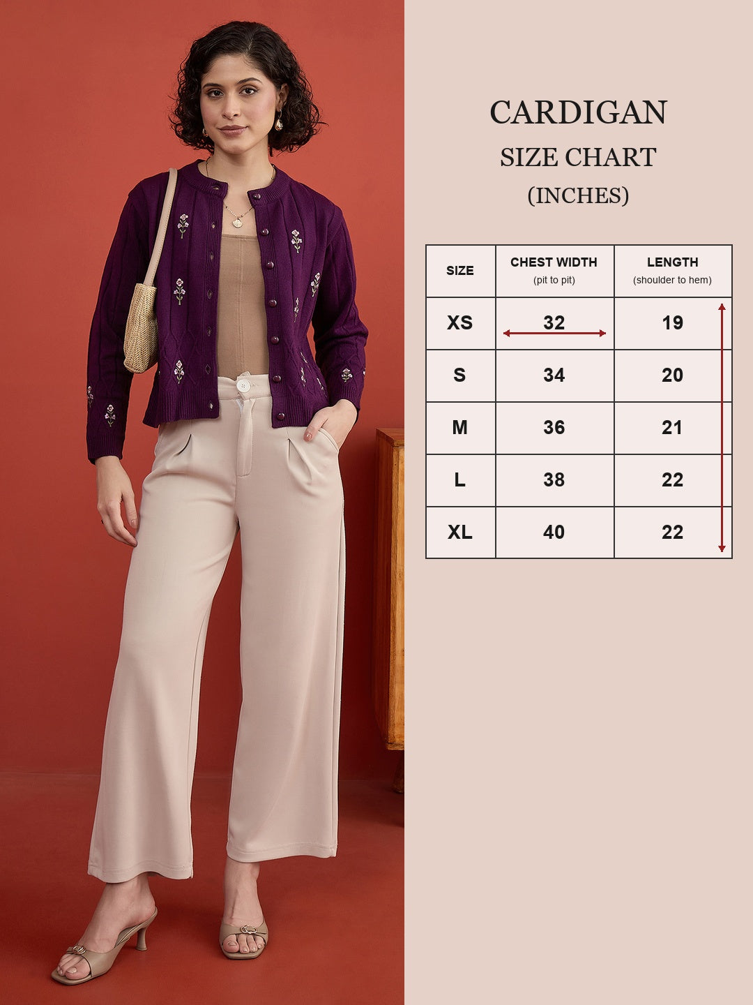 CLAPTON Women's Purple Floral Embroidered Cable Knit Cardigan