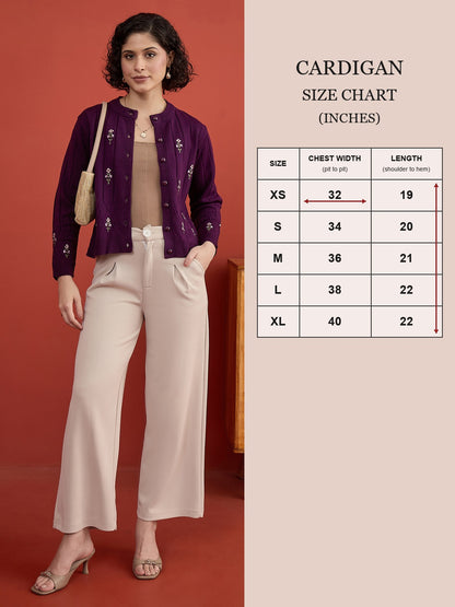 CLAPTON Women's Purple Floral Embroidered Cable Knit Cardigan