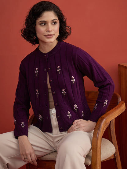 CLAPTON Women's Purple Floral Embroidered Cable Knit Cardigan