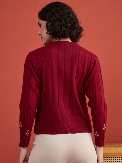 CLAPTON Women's Maroon Floral Embroidered Cable Knit Cardigan