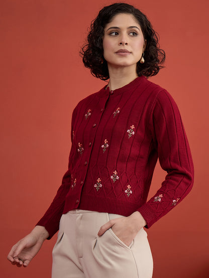 CLAPTON Women's Maroon Floral Embroidered Cable Knit Cardigan