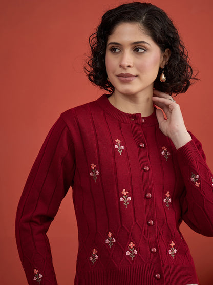 CLAPTON Women's Maroon Floral Embroidered Cable Knit Cardigan
