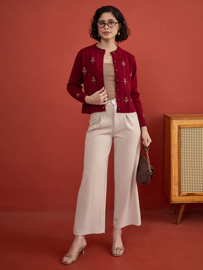 CLAPTON Women's Maroon Floral Embroidered Cable Knit Cardigan