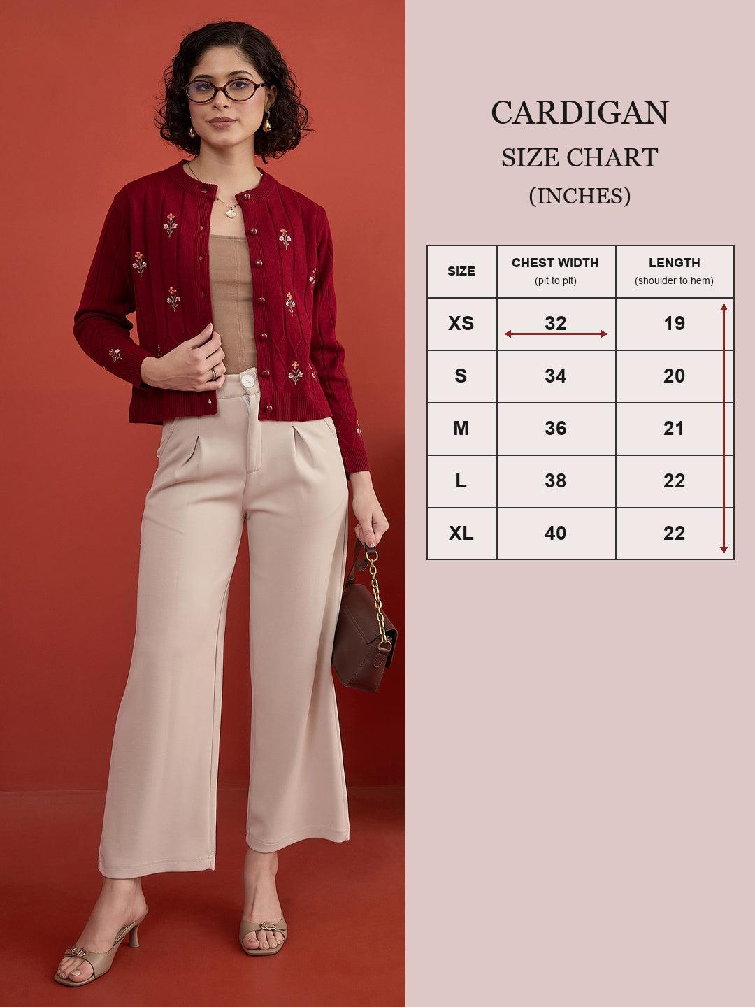 CLAPTON Women's Maroon Floral Embroidered Cable Knit Cardigan