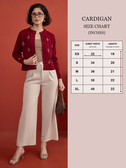 CLAPTON Women's Maroon Floral Embroidered Cable Knit Cardigan
