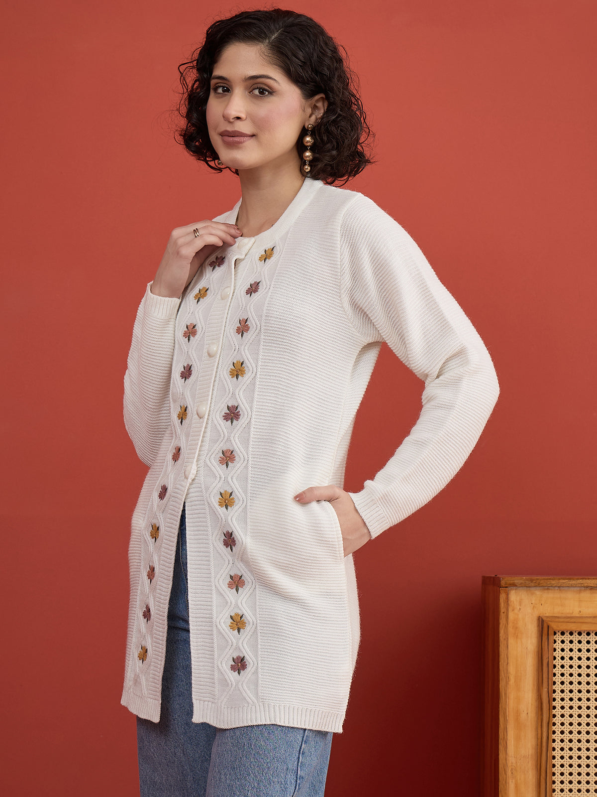 CLAPTON Women Floral Woolen Cardigan with Embroidered White