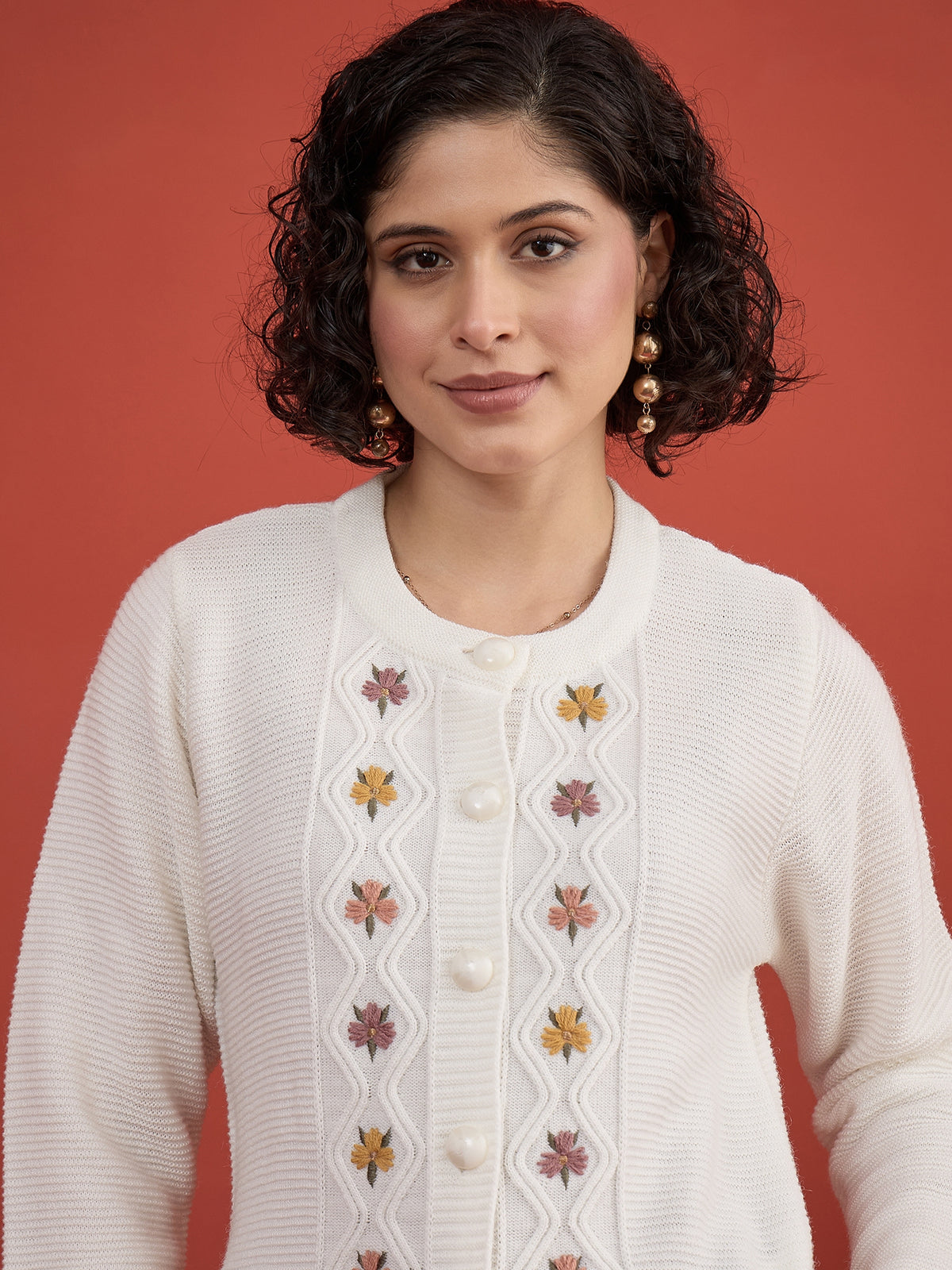 CLAPTON Women Floral Woolen Cardigan with Embroidered White