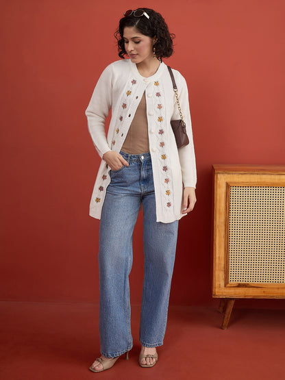CLAPTON Women Floral Woolen Cardigan with Embroidered White