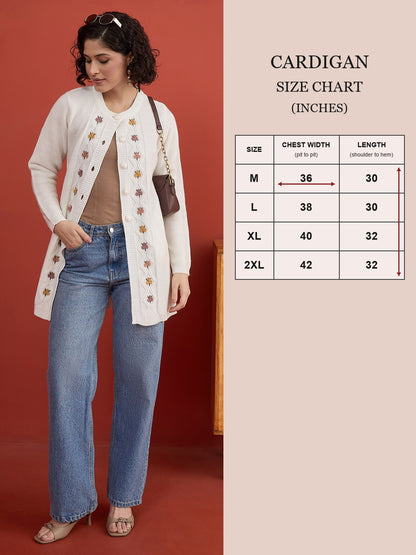 CLAPTON Women Floral Woolen Cardigan with Embroidered White