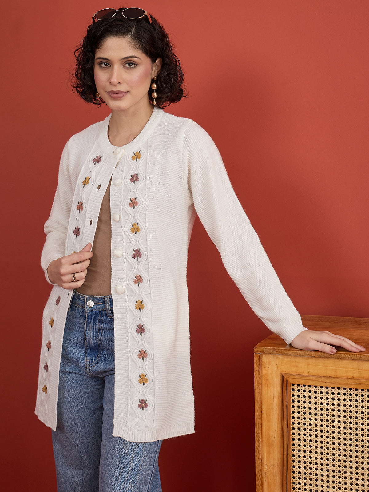 CLAPTON Women Floral Woolen Cardigan with Embroidered White