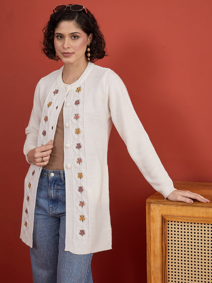 CLAPTON Women Floral Woolen Cardigan with Embroidered White