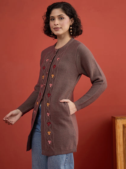 CLAPTON Women Floral Woolen Cardigan with Embroidered Mouse