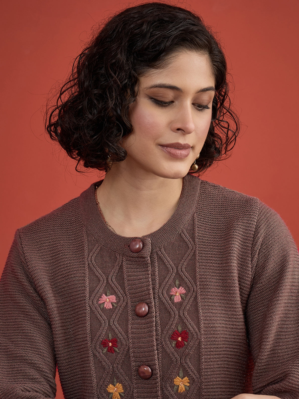 CLAPTON Women Floral Woolen Cardigan with Embroidered Mouse