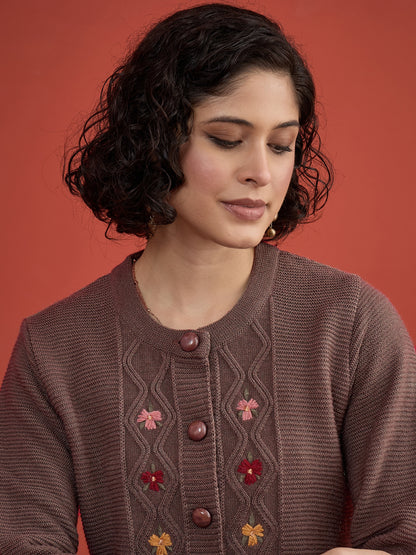 CLAPTON Women Floral Woolen Cardigan with Embroidered Mouse