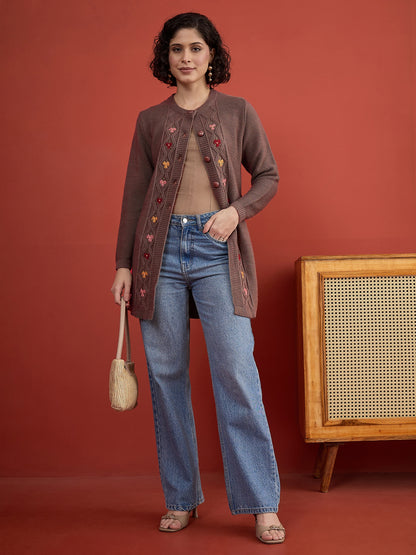 CLAPTON Women Floral Woolen Cardigan with Embroidered Mouse