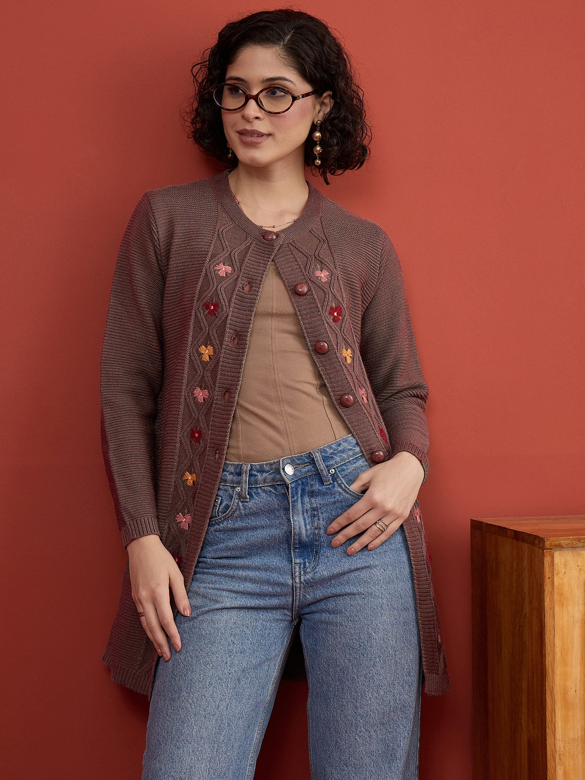 CLAPTON Women Floral Woolen Cardigan with Embroidered Mouse