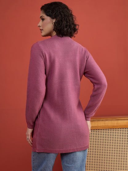 CLAPTON Women Floral Woolen Cardigan with Embroidered DARK PINK