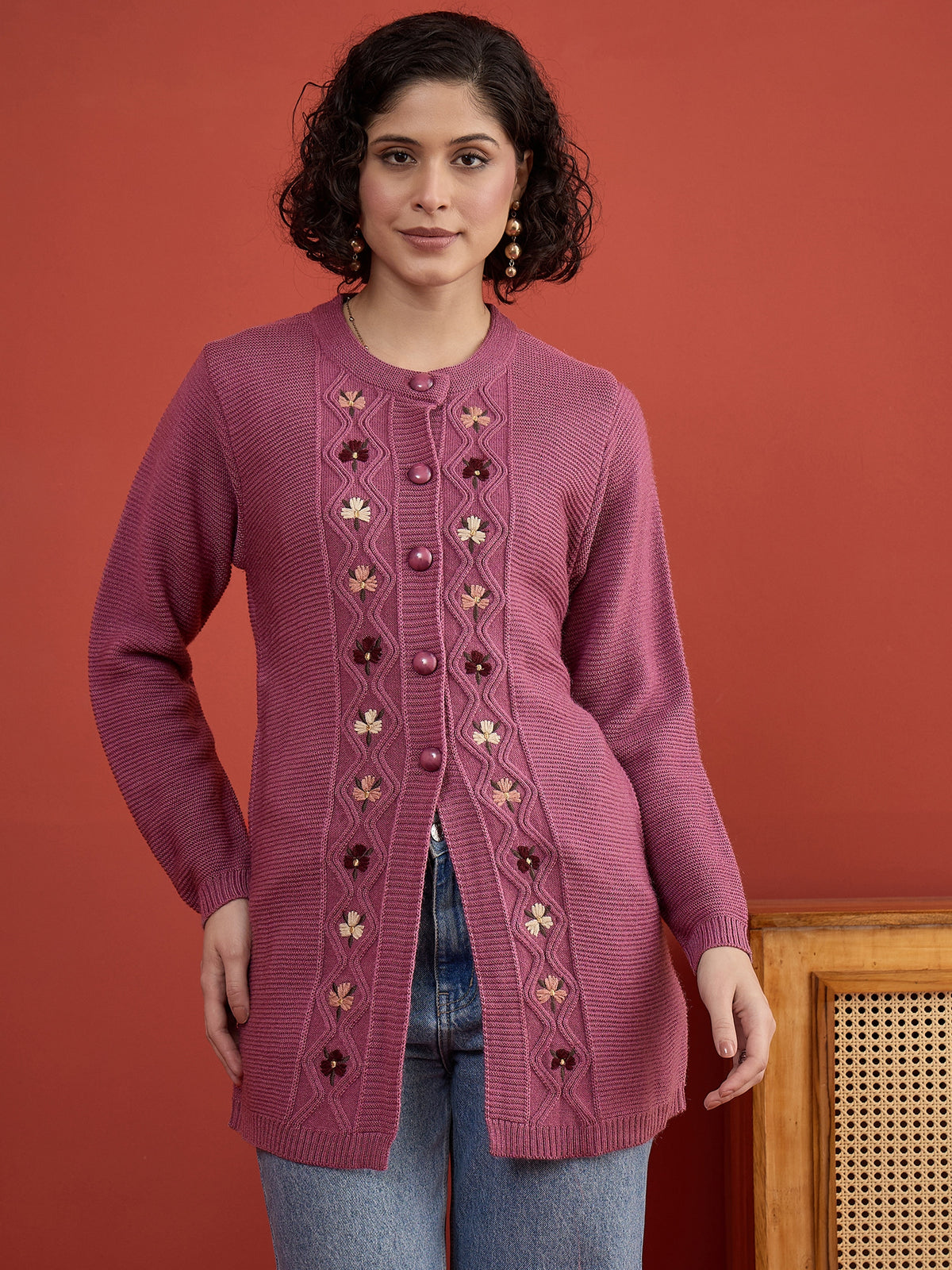 CLAPTON Women Floral Woolen Cardigan with Embroidered DARK PINK