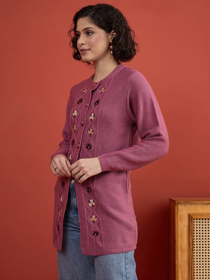 CLAPTON Women Floral Woolen Cardigan with Embroidered DARK PINK