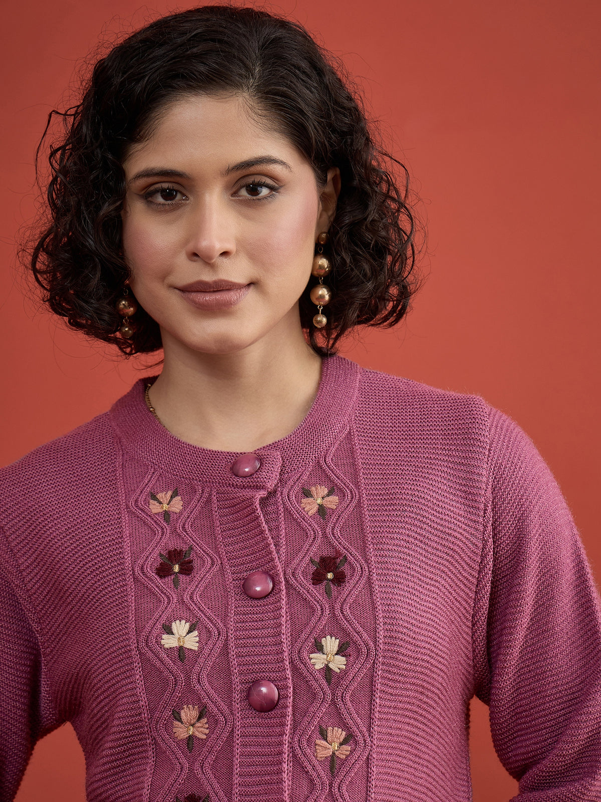 CLAPTON Women Floral Woolen Cardigan with Embroidered DARK PINK