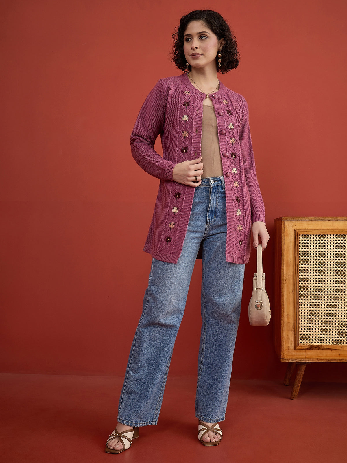 CLAPTON Women Floral Woolen Cardigan with Embroidered DARK PINK
