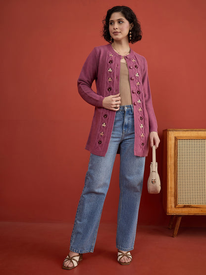 CLAPTON Women Floral Woolen Cardigan with Embroidered DARK PINK