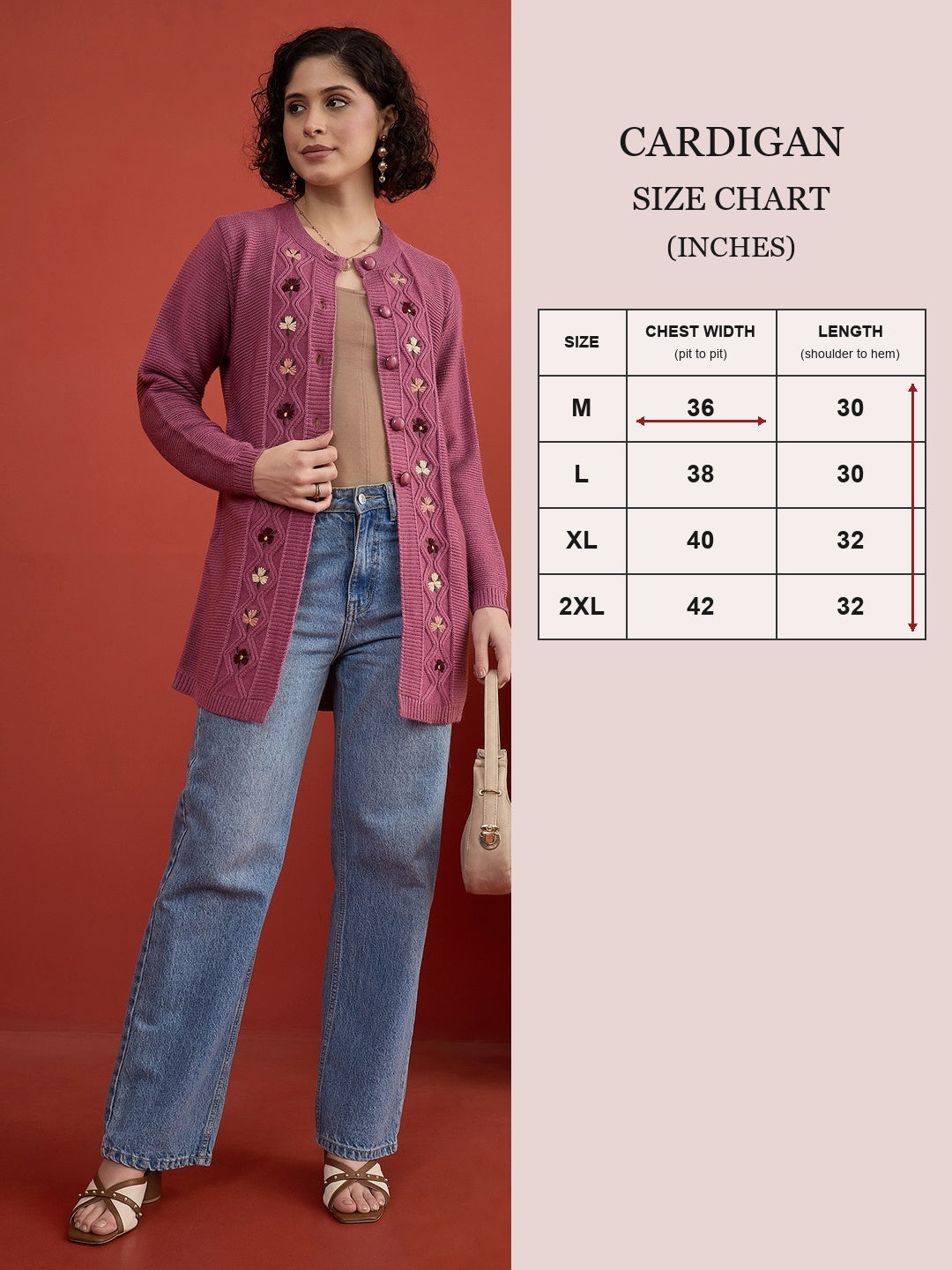 CLAPTON Women Floral Woolen Cardigan with Embroidered DARK PINK