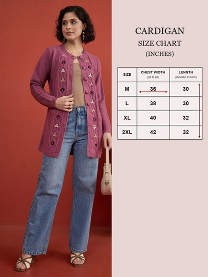 CLAPTON Women Floral Woolen Cardigan with Embroidered DARK PINK