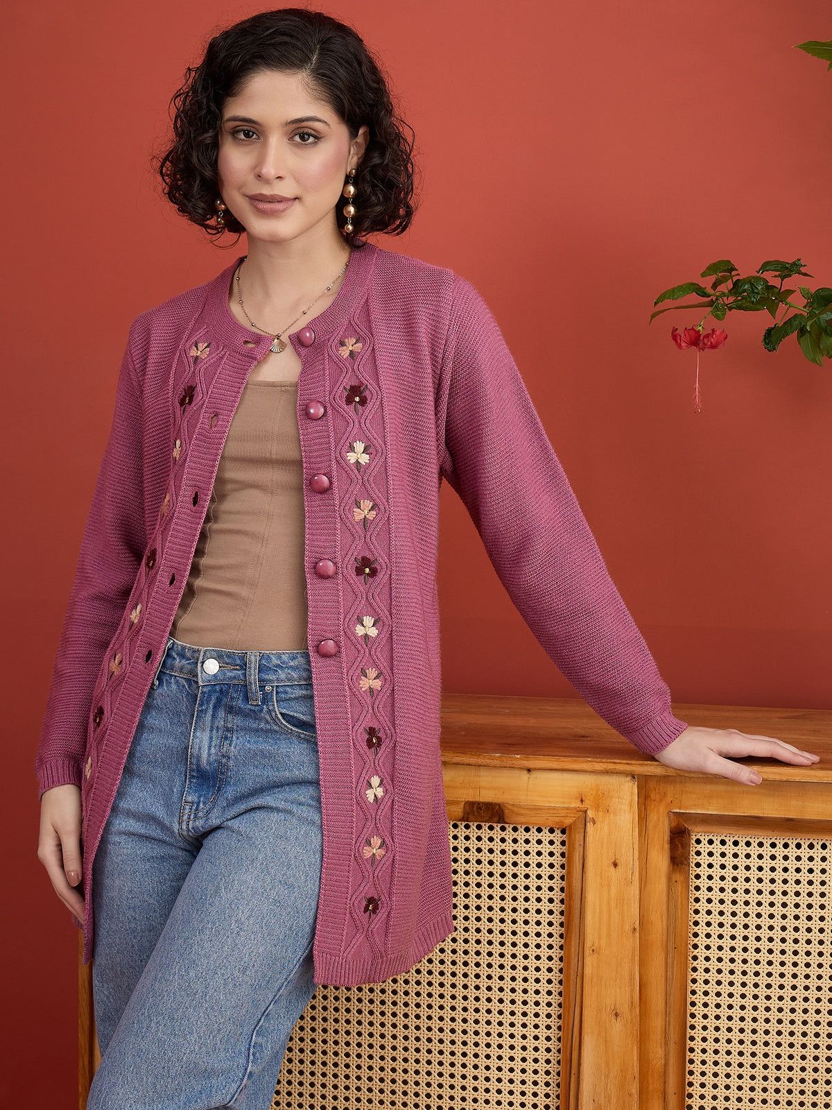 CLAPTON Women Floral Woolen Cardigan with Embroidered DARK PINK