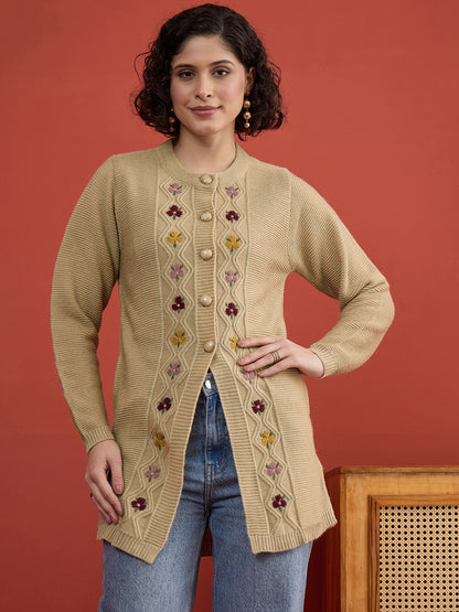 CLAPTON Women Floral Woolen Cardigan with Embroidered CAMEL