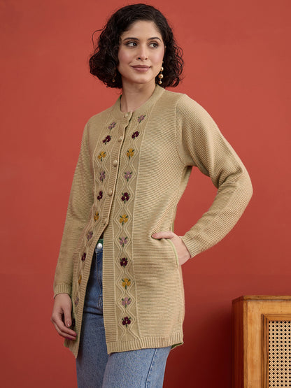 CLAPTON Women Floral Woolen Cardigan with Embroidered CAMEL