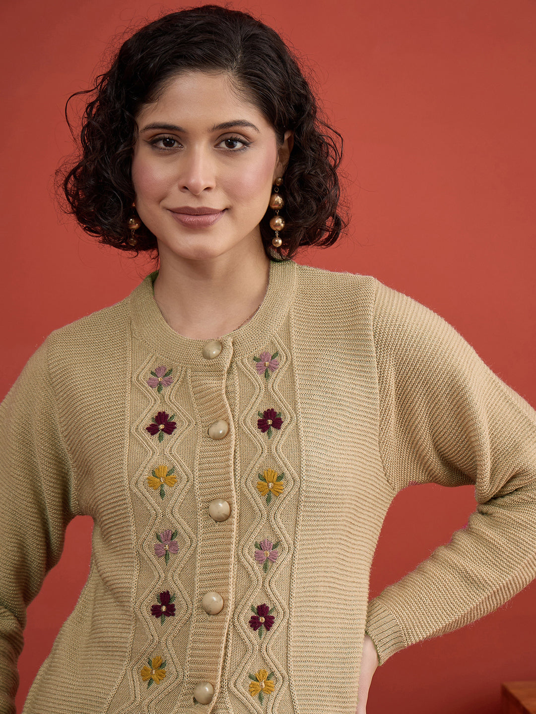 CLAPTON Women Floral Woolen Cardigan with Embroidered CAMEL