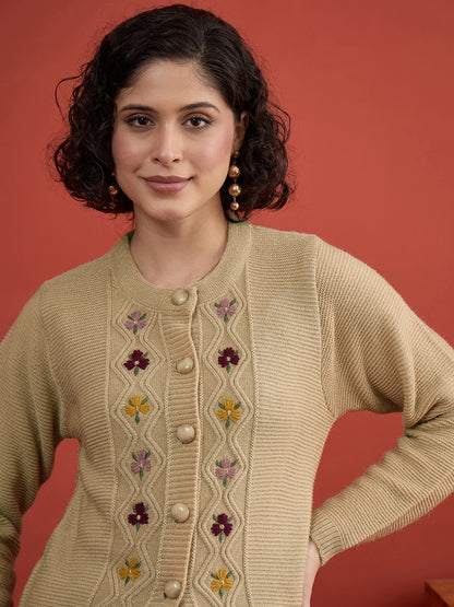 CLAPTON Women Floral Woolen Cardigan with Embroidered CAMEL