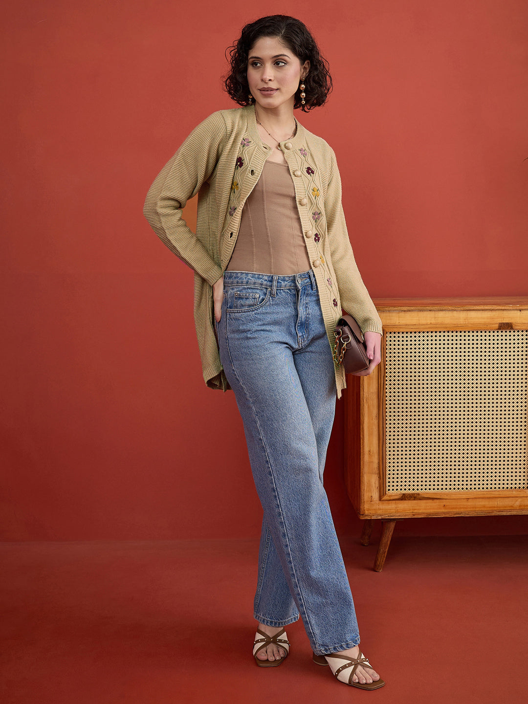 CLAPTON Women Floral Woolen Cardigan with Embroidered CAMEL