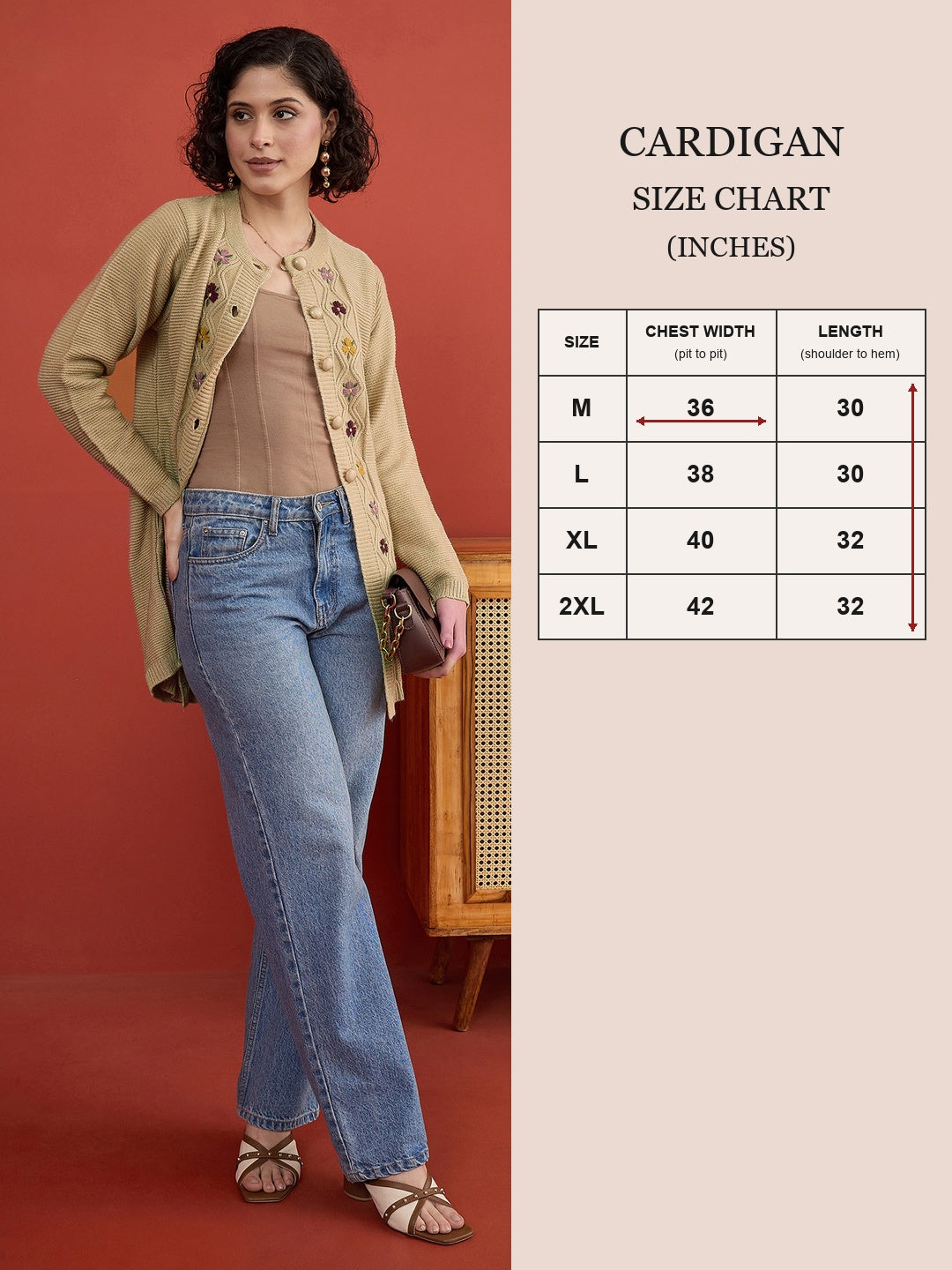 CLAPTON Women Floral Woolen Cardigan with Embroidered CAMEL