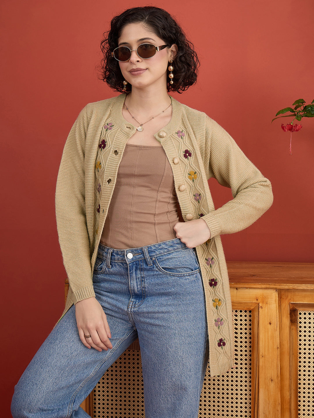 CLAPTON Women Floral Woolen Cardigan with Embroidered CAMEL